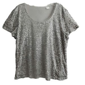 Chico’s Platinum Sequin Mesh T-Shirt 12 EUC